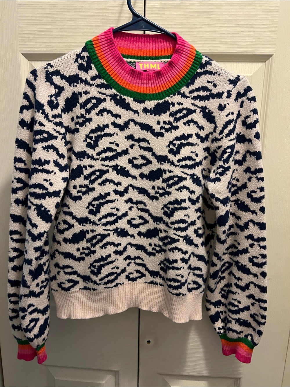 THML Cream and Black Animal-Print Crewneck with Pink & Green Trim